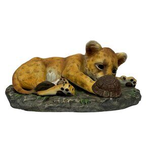 Lion Cub & Tortoise Masterpiece Porcelain Figurine Homco 1985 Handpainted Decor